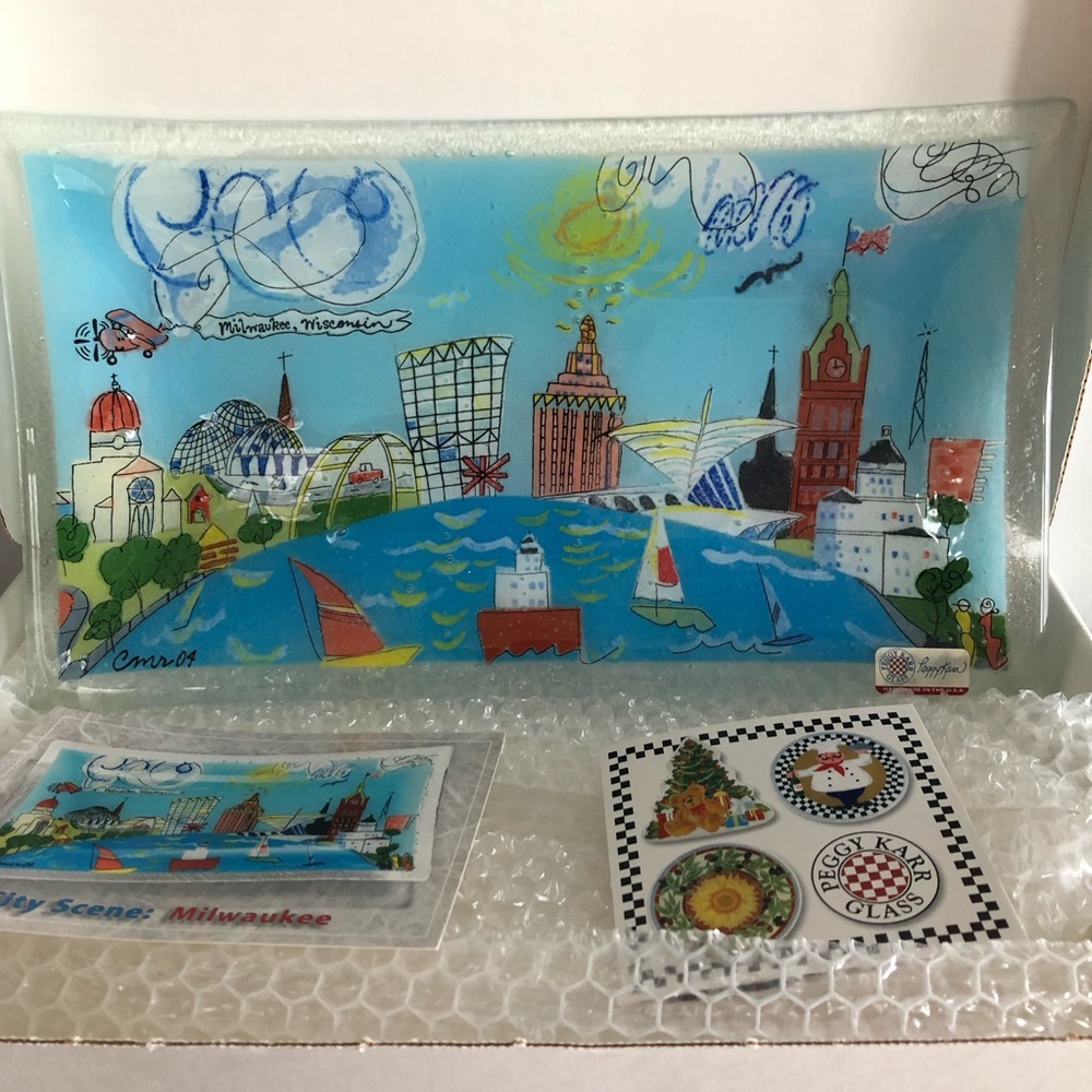 Peggy Karr 14” Fused Glass Milwaukee Tray wBox